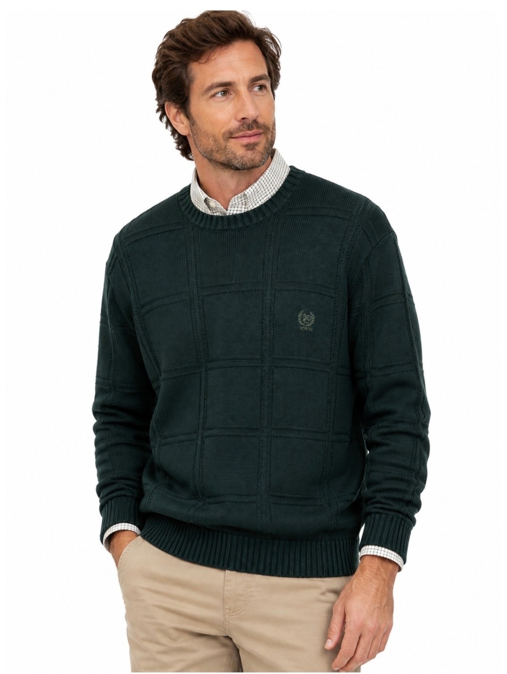 IZOD Men’s XL Dark Green 100% Cotton Windowpane Knit Crewneck Sweater Heritage